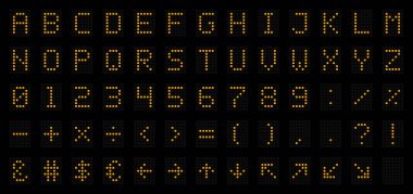 Elektronik Dijital Görüntü, İmza, Bilgi Panelleri, Spor, Oyunlar, Veri Tahtaları, Zamanlama için LED Dijital Alfabe. Sarı harfli nokta yazı tipi, sayılar, işaretler ve semboller. Vektör illüstrasyonu