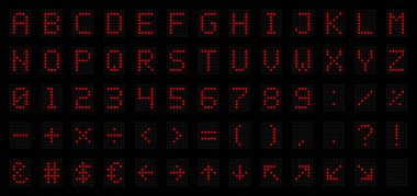 Elektronik Dijital Görüntü, İmza, Bilgi Panelleri, Spor, Oyunlar, Veri Tahtaları, Zamanlama için LED Dijital Alfabe. Kırmızı harfli nokta yazı tipi, sayılar, işaretler ve semboller. Vektör illüstrasyonu