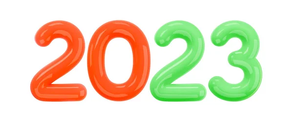2023 3Dリアルな光沢のあるプラスチック番号 メリークリスマスとハッピーニューイヤー2023グリーティングカード 白い背景に隔離された漫画のスタイル番号 3Dベクトル図 — ストックベクタ