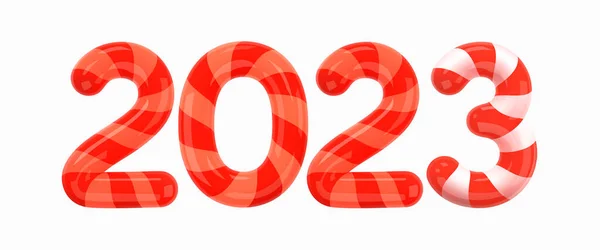 2023赤リボンラッピング付き赤と白の数字 メリークリスマスとハッピーニューイヤー2023グリーティングカードテンプレート 白を基調とした漫画風の数字 3Dベクトル図 — ストックベクタ