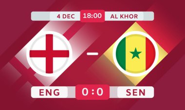 İngiltere, Senegal Match Tasarım Elemanı 'na karşı. Şeffaf arkaplanda bayrak simgeleri izole edildi. Futbol Şampiyonası Bilgi Yarışması 'nda. Duyuru, Maç Puanı, Skor Tablosu. Vektör