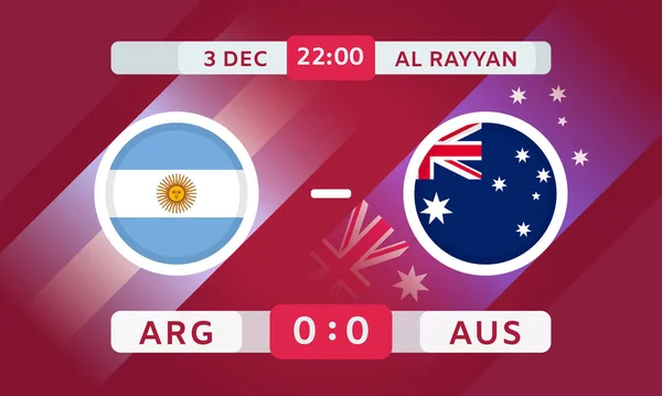 アルゼンチンVsオーストラリアマッチデザイン要素 赤の背景に透明感のあるアイコンを表示します サッカー選手権大会のインフォグラフィック ゴールスコアテンプレート ベクトル — ストックベクタ