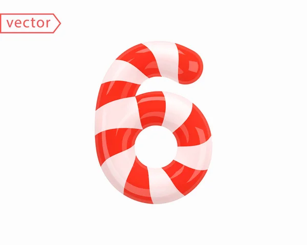 6番目の白い赤いリボンと絡み合って署名 3D数字は 漫画のスタイルでキャンディケーンとして 白い背景に孤立した現実的な光沢のあるオブジェクト 3Dシンボルアイコンベクトルイラスト — ストックベクタ