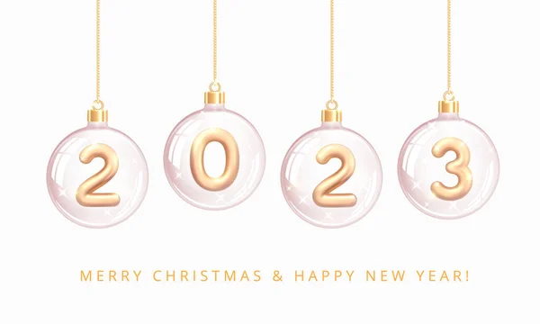 新年快乐2023 挂在金链透明玻璃圣诞金球2023号 假日招贴画 现实的3D矢量说明 — 图库矢量图片