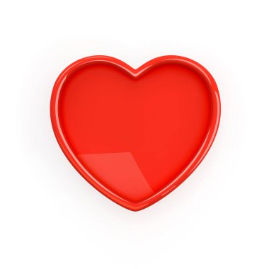 Kırmızı Kalp Çerçevesi. 3D gerçekçi kırmızı parlak plastik kalp ve beyaz arka planda yalıtılmış jant. Sevgililer günü, düğün, doğum günü, yıldönümü, anneler günü süsü. Kavramsal sembol. 3d vektör nesnesi