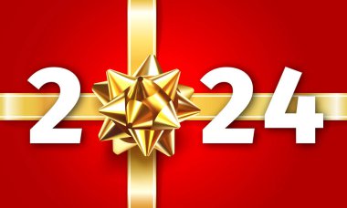 2024 Hediye Kutusu Dekorasyonu. Altın kurdeleli hediye yayı ve kırmızı arka planda 2023 numaralı yeni yıl tebrik kartı. Yeni Yıl Kutlama Tasarımı. Altın Yay Gerçekçi 3D Vektör İllüstrasyonu