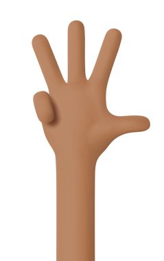 African American hand. Hand gesture number four. Counting on fingers. Thumb, index, middle, ring fingers are unclenched. Hand in 3D cartoon style isolated on white background. 3d vector illustration