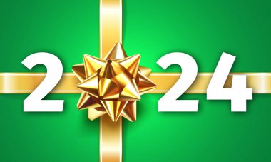2024 Happy New Year. Gift Box Decoration. Greeting Card with a gold ribbon gift bow and the number 2024 on a green background. New Year Celebration Design. Gold Bow Realistic 3D Vector Illustration