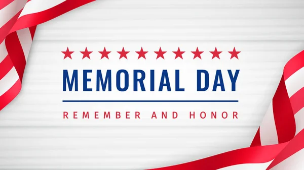 Memorial Day - Remember and Honor Poster. Usa memorial day celebration. American national holiday. Greeting card with text and U.S. flag with folds on white wooden background. 3d vector illustration