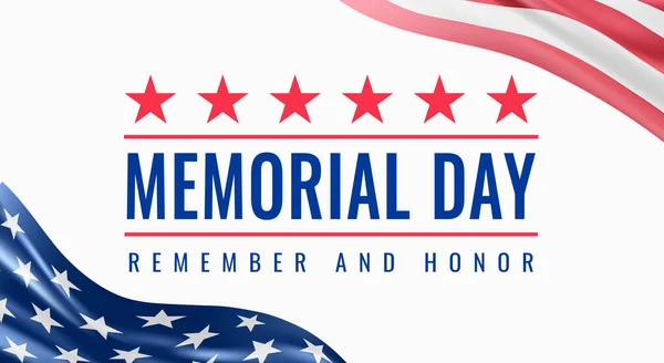 Memorial Day - Remember and Honor Poster. Usa memorial day celebration. American national holiday. Invitation template with red stars, blue text, waving us flags on white background. Vector poster