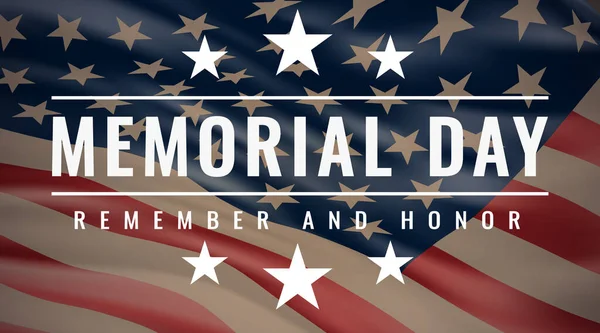 Memorial Day - Remember and Honor Poster. Usa memorial day celebration. American national holiday. Invitation Template with White Text on Vintage Waving U.S. Flag Background. Vector illustration