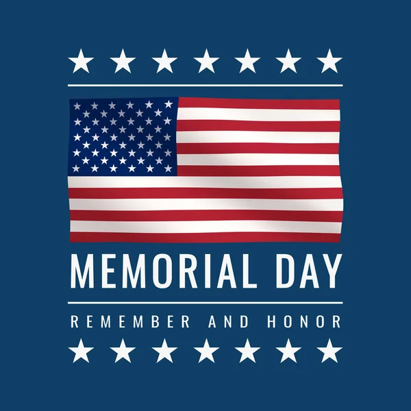 Memorial Day - Remember and Honor Poster. US Memorial Day Celebration. American National Holiday. Invitation template with text and waving us flag on blue background. Vector illustration