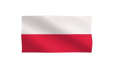 Polonya Bayrak Simgesi. Resmi Polonya bayrağı rüzgarda dalgalanıyor. Polonya 'nın sembolü. İşaret beyaz arka planda izole edilmiş. Gerçekçi 3D bayrak amblemi. Vektör illüstrasyonu