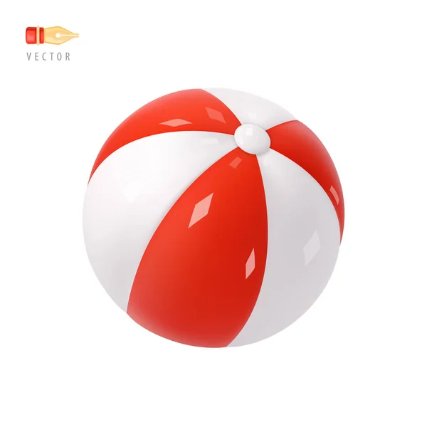 海滩球 色彩斑斓的白色和红色条纹海滩球标志 在白色背景上隔离的对象 现实漫画3D图标 感情用事设计剪贴艺术 Emoji Icon 3D矢量图解 — 图库矢量图片