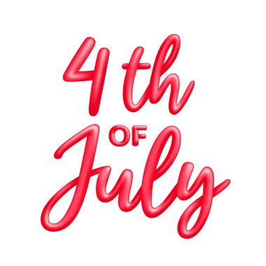 4 Temmuz. ABD Bağımsızlık Günü. 4 Temmuz tipografi çizimi. Beyaz arka planda izole edilmiş kırmızı, parlak 3D yazı. Klasik yazı dizaynı. 3B Vektör illüstrasyonu