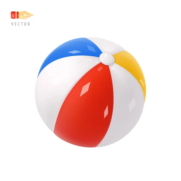 健身球 海滩球 积极娱乐的设备 白色的红色蓝色条纹海滩球标 在白色上隔离的对象 现实漫画3D图标 感情用事剪贴艺术 3D矢量图解 — 图库矢量图片