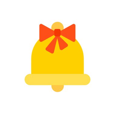 Noel Çanı. Beyaz zemin üzerinde kırmızı yay izole edilmiş düz sarı el çanı simgesi. Xmas sembolü. Noel ve Yeni Yıl Tatilleri için Çizgi Film Tasarım Elemanı. Stok Vektörü Simgesi