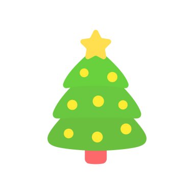 Madalyalı Noel Ağacı. Sarı topları sarkan yeşil köknar ve beyaza izole edilmiş yıldız. Spruce Xmas dekoru. Noel ve Yeni Yıl Tatilleri için Çizgi Film Tasarım Elemanı. Stok Vektörü Simgesi