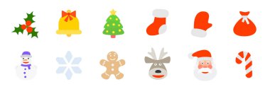 Christmas Icons Set. Holly, Christmas Bell, decorated Christmas Tree, Santa Claus Sock and Mitten, Gift Bag, Snowman, Snowflake, Deer head, Santa Claus head, Gingerbread Man, Candy Cane. Vector Icons clipart