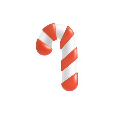 Şeker Çubuğu. Noel Şeker Çubuğu 'nun üç boyutlu simgesi beyaz arka planda izole edilmiş. Xmas sembolü. Noel ve Yeni Yıl Tatilleri için Sevimli Çizgi Film Tasarım Elemanı. Stock 3B Vektör Simgesi