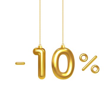 Yüzde 10 indirim. Noel indirimi. İndirim sezonunun yaratıcı tasarımı. Altın numaralar Noel ağacı ipliğinde asılı duruyor. Yüzde on indirim. Satış afişi ve poster. Gerçekçi 3d Vektör illüstrasyonu