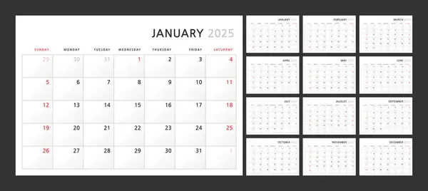 Wall Quarterly Calendar Template 2025 Classic Minimalist Style Week Starts — Stock Vector
