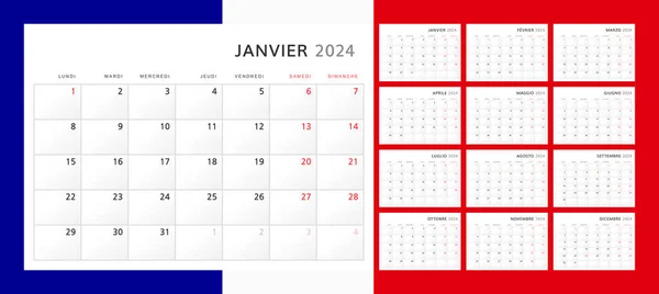 Naptár 2024 Franciául Negyedéves Falinaptár 2024 Klasszikus Minimalista Stílusban Hétfőn Stock Vektor