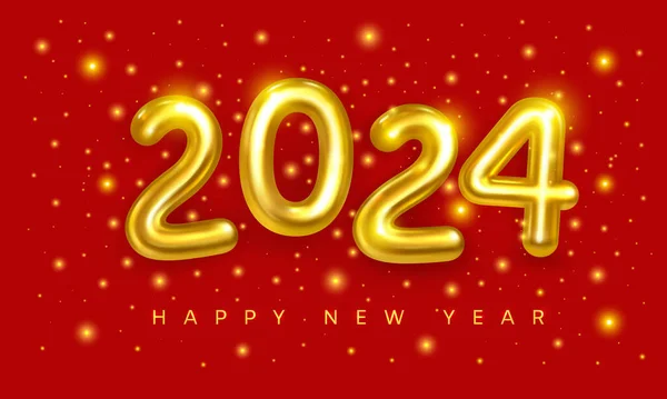2024 Újévi Üdvözlőkártya Arany Fém Szám 2024 Piros Háttér Fényes Stock Vektor