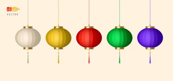 Lanternas Chinesas Penduradas Conjunto Cores Diferentes Decoração Tradicional Asiática Decorações Gráficos Vetores