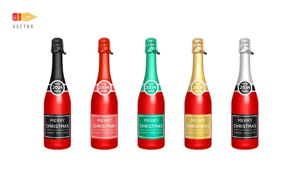 Kırmızı Şampanya Şişe Seti Etiketli Şampanya Mutlu Noeller Mutlu Yıllar Stok Illüstrasyon