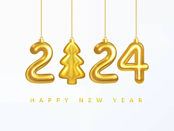 2024 Nyårskort Stiliserad Guld Nummer 2024 Form Julgran Hängande Leksaker Vektorgrafik