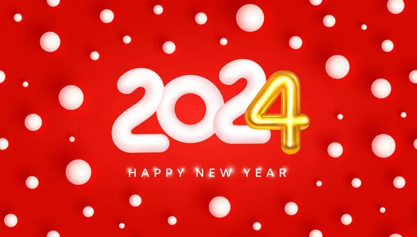 2024 Nieuwjaarskaart Snowy Wit Goud Metaal Nummer 2024 Witte Sneeuwballen Rechtenvrije Stockvectors