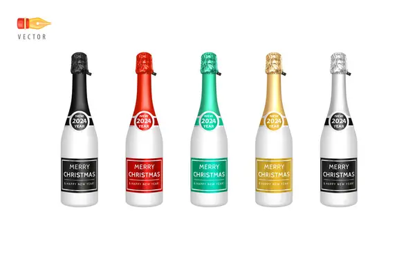 Witte Champagne Flessen Set Champagne Met Label Merry Christmas Happy Rechtenvrije Stockillustraties