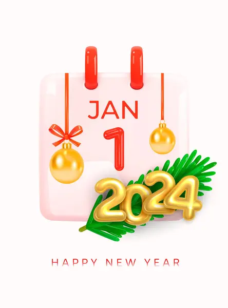 stock vector Happy New Year, January 1, 2024. 1st day of New Year. Daily calendar with date January 1, 2024, gold, red numbers, Christmas balls, fir sprig. Calendar Icon on white background. Realistic 3d Vector