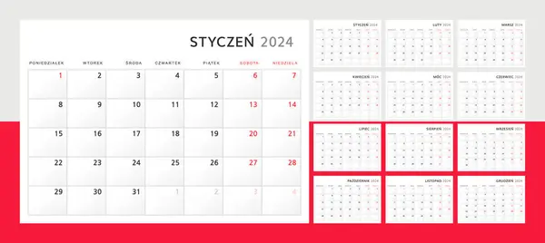 Naptár 2024 Lengyel Nyelven 2024 Falinaptár Klasszikus Minimalista Stílusban Hétfőn — Stock Vector
