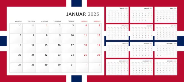 Calendário 2025 Norueguês Calendário Trimestral Parede Para 2024 Estilo Minimalista —  Vetores de Stock