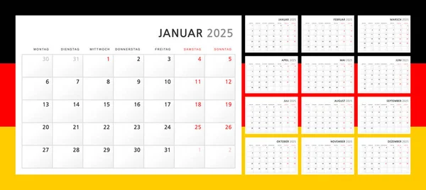 2025年日历 2024年用经典简约风格的墙面季度日历 周从星期一开始 12个月 企业计划模板 A4横向格式 矢量说明 矢量图形