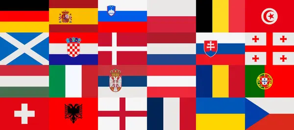 2024年にヨーロッパでサッカー選手権に参加する国旗 すべての国旗が1つのバナーに収められています ベクトルイラスト ロイヤリティフリーストックベクター