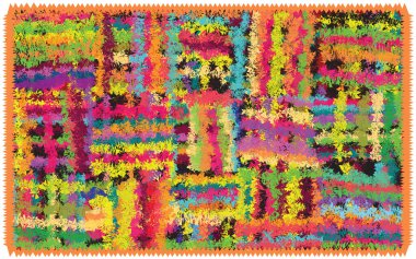 Motley damalı paspas, halı, paspas, halı, peçete, grunge çizgili duvar halısı renkli kare elementler ve beyaz arkaplanda izole zigzag püskülleri.