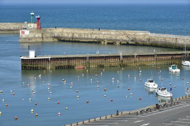 Aerial view harbour of Port-en-Bessin is a commune in the Calvados department in the Basse-Normandie region in northwestern France. The commune contains the two towns of Port-en-Bessin and Huppain clipart