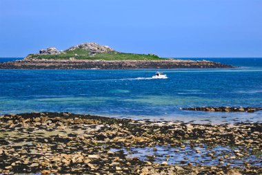 Roscoff 'ta dalgalar alçak, yelkenlinin yelken açtığı denizin koluyla. Roscoff, Fransa 'nın kuzeybatısında, Britanya' nın Ctes-d 'Armor bölgesinde bir komün..