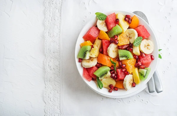 Bowl Healthy Fresh Tropical Summer Fruits White Background Top Viewfresh — Stock Photo, Image