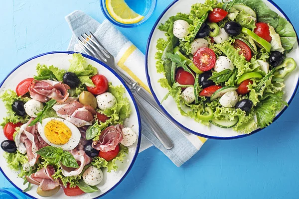 Healthy Green Salads Mixed Healthy Ingredients Blue Table Background — Stok fotoğraf