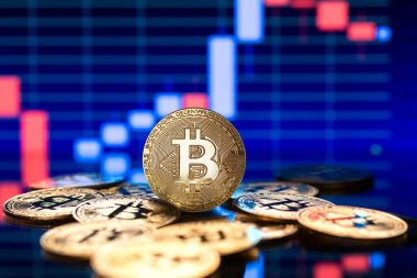 Bitcoin and cryptocurrency investing concept with graph. Bitcoin cryptocurrency coins. Trading on the cryptocurrency exchange. Trends in bitcoin exchange rates. Rise and fall chart of bitcoin.