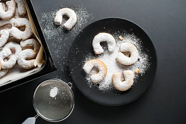 Baking Traditional Vanilla Crescents Cookies Powdered Castor Sugar Holiday Baking — Stock Photo, Image