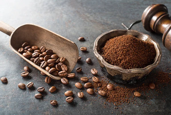 Coffee Beans Freshly Ground Coffee Powder Grey Stone Background Close — Stock fotografie