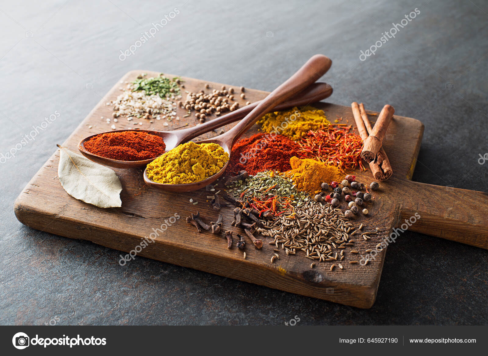Colorful Herbs Spices Cooking Meal Indian Asian Spices Grey Stone