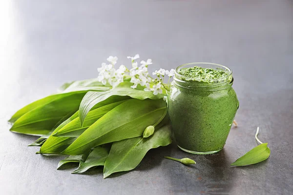 Fresh Ramson Wild Garlic Pesto Glass Jar Close Healthy Spring — Stock Photo, Image