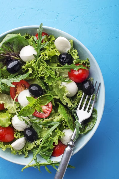 Caprese Talyan Akdeniz Salatası Mozarella Soslu Yeşil Salata Mavi Masa — Stok fotoğraf