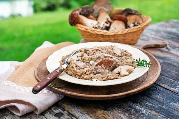 Delicious Mushrooms Risotto Dressed Parmesan Cheese Herbs Basket Porcini Mushrooms — Stock Photo, Image